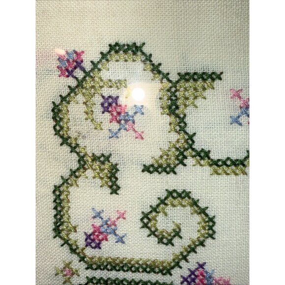 VTG? 1984? Hand Made "Welcome" Cross Stitch Plastic Framed Pink Green 22.5' L - Picture 4 of 9